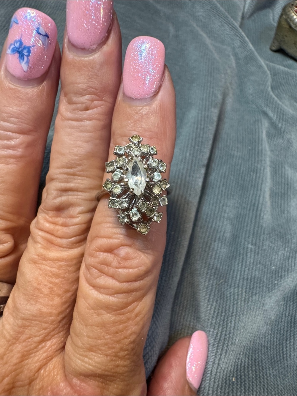 Vintage 18K HGE (Heavy Gold Electroplate) Marquise Clear Cluster Rhinestone Ring
